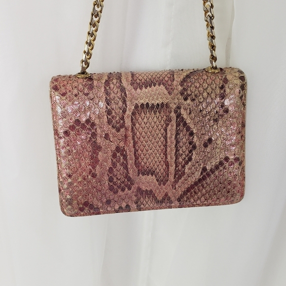 Finesse tan burgundy metallic snakeakin chain strap evening bag unique clasp - Picture 4 of 6